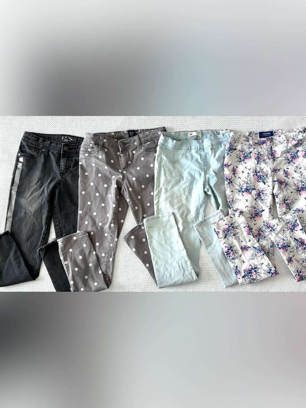GAP Girls Polka Dot Gray Pants, Light Blue Jeggings, floral jeans, and metallic
